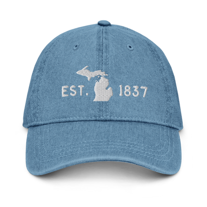 Michigan 'EST 1837' Denim Baseball Cap (Licence Plate Font w/ MI Outline)