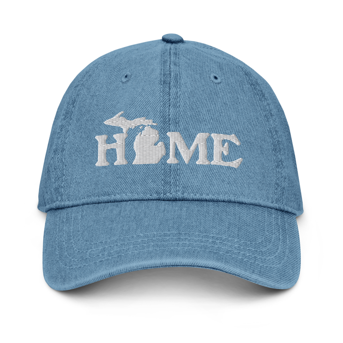 Michigan 'Home' Denim Baseball Cap (Woodcut Font) | White/Navy Embroidery