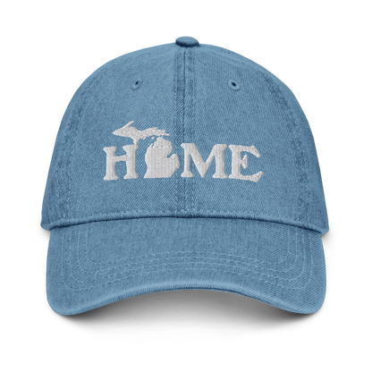 Michigan 'Home' Denim Baseball Cap (Woodcut Font) | White/Navy Embroidery