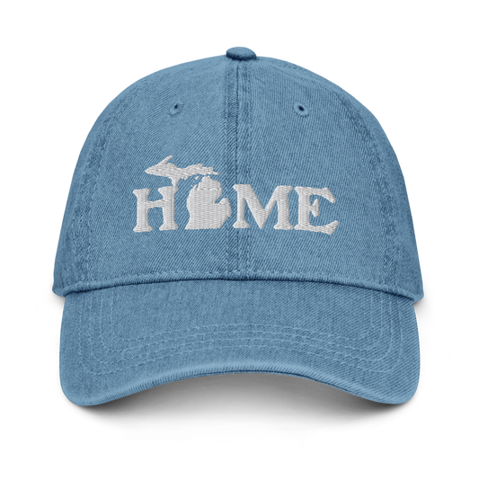 Michigan 'Home' Denim Baseball Cap (Woodcut Font) | White/Navy Embroidery