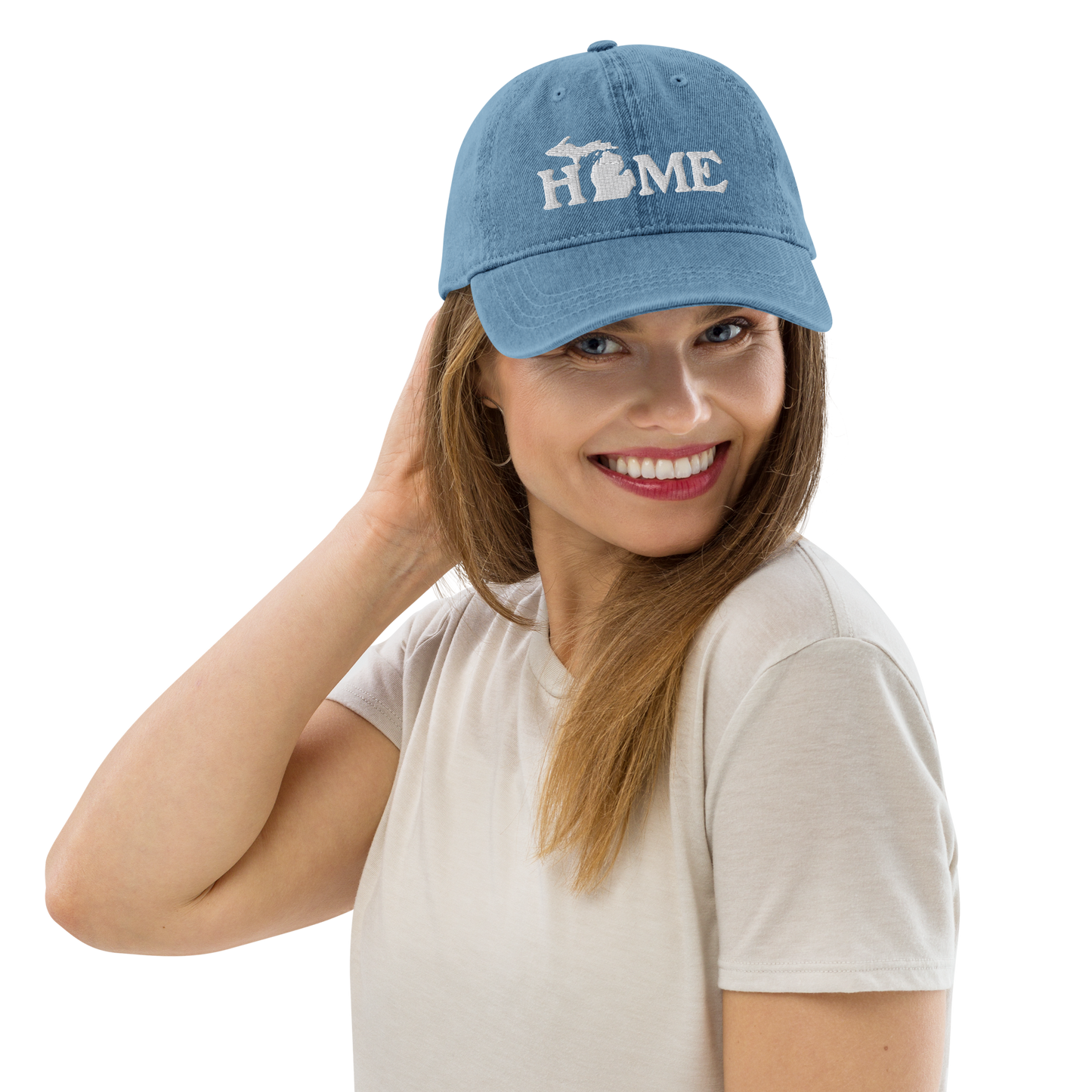 Michigan 'Home' Denim Baseball Cap (Woodcut Font) | White/Navy Embroidery