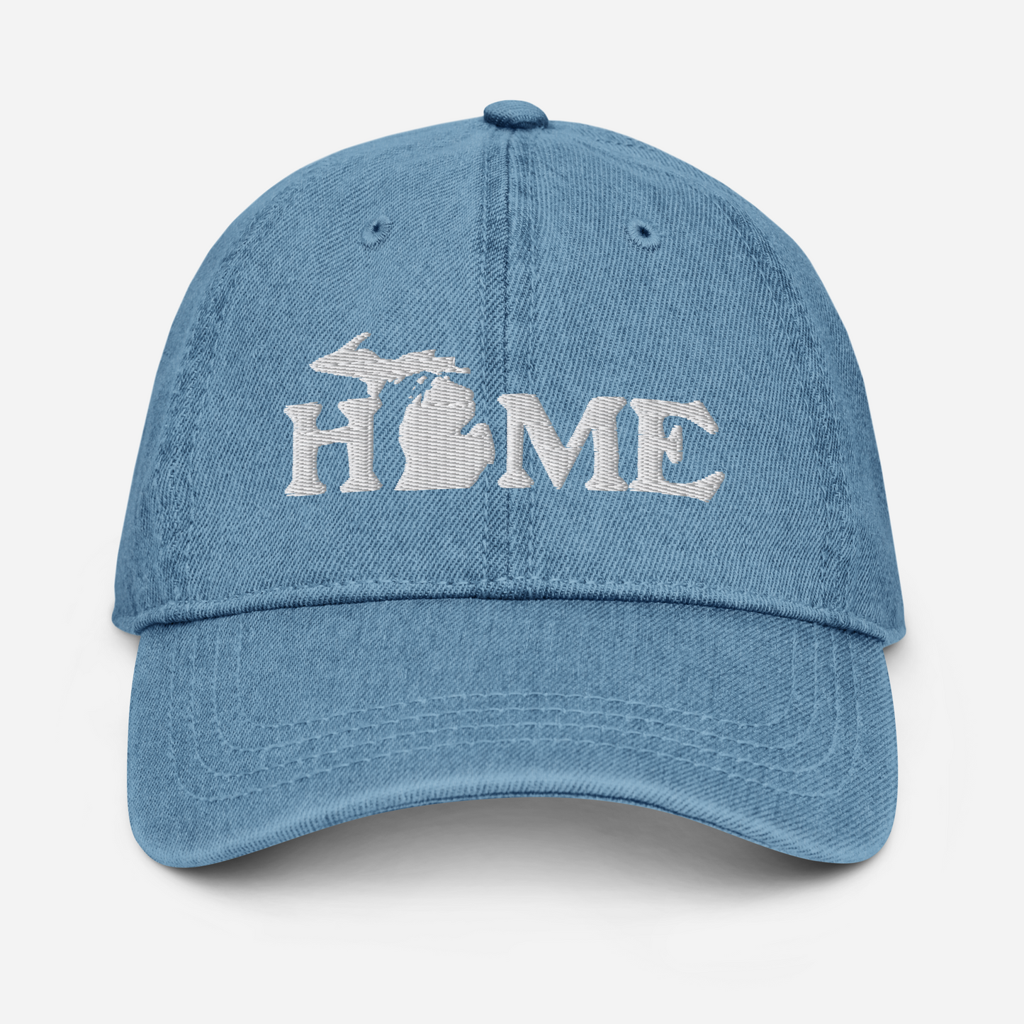 Michigan 'Home' Denim Baseball Cap (Woodcut Font) | White/Navy Embroidery