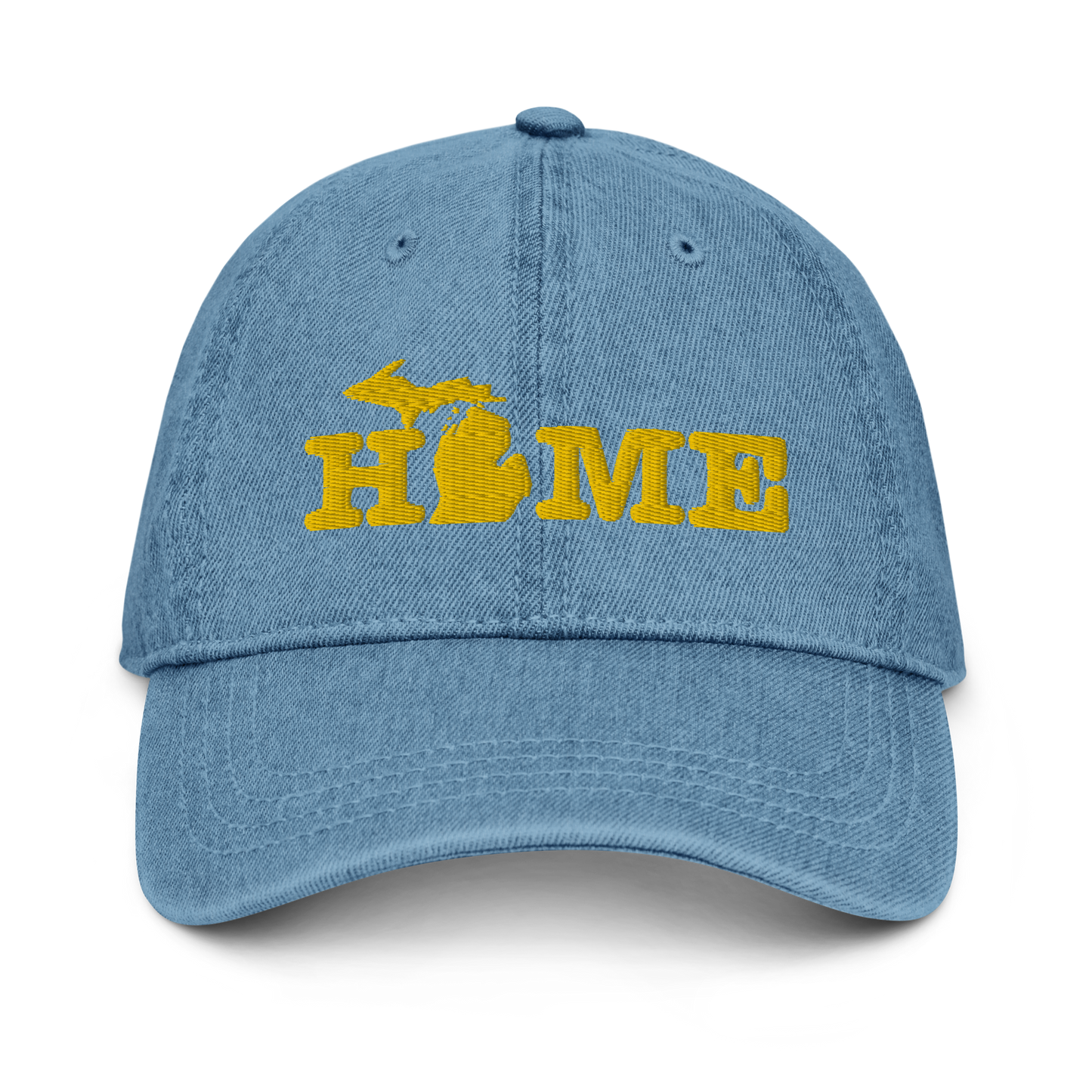 Michigan 'Home' Denim Baseball Cap (Typewriter Font) | Gold Embroidery