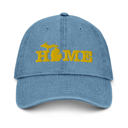 Michigan 'Home' Denim Baseball Cap (Typewriter Font) | Gold Embroidery