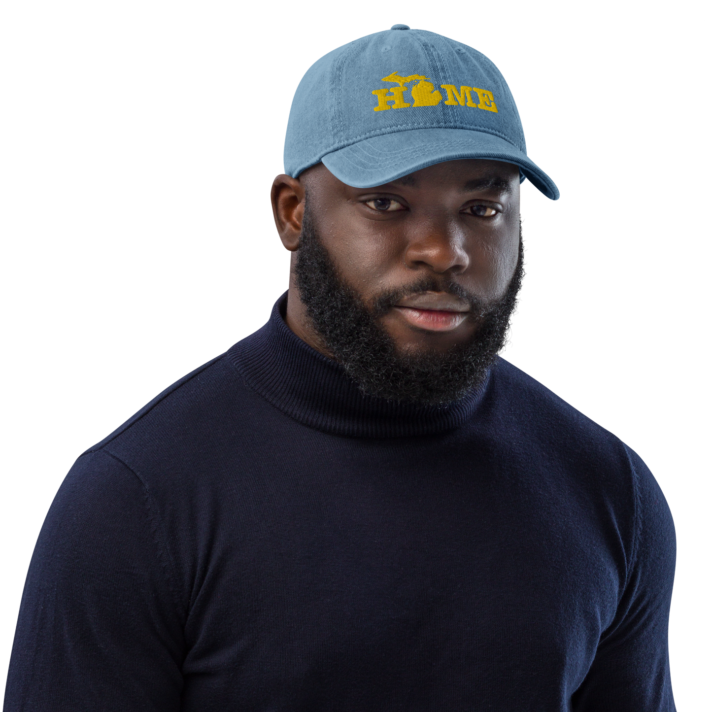 Michigan 'Home' Denim Baseball Cap (Typewriter Font) | Gold Embroidery