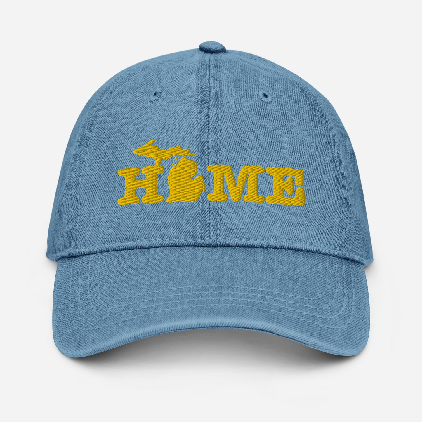 Michigan 'Home' Denim Baseball Cap (Typewriter Font) | Gold Embroidery