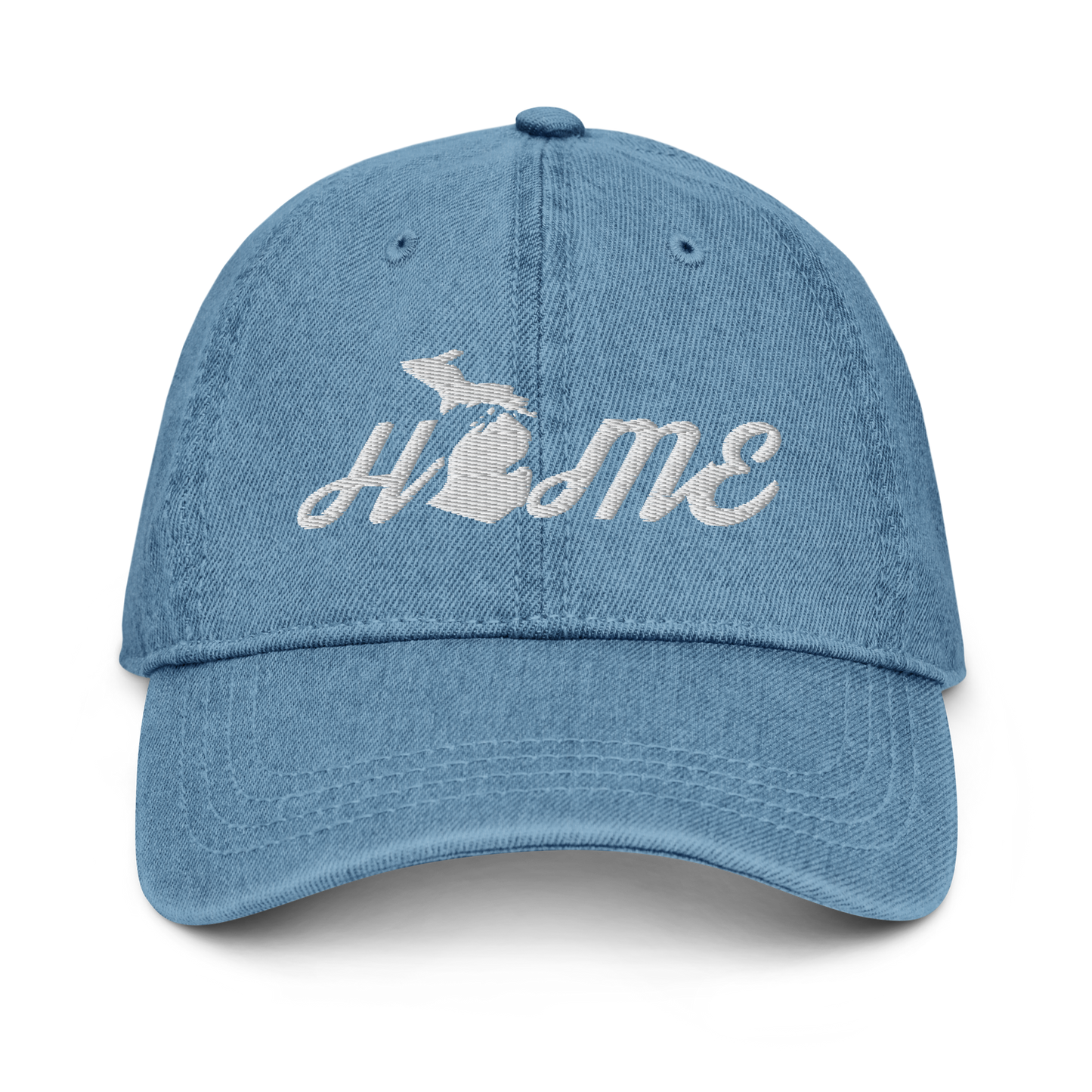 Michigan 'Home' Denim Baseball Cap (Script Font) | White/Navy Embroidery