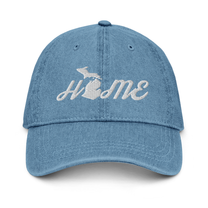 Michigan 'Home' Denim Baseball Cap (Script Font) | White/Navy Embroidery