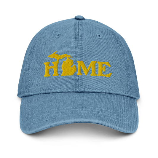 Michigan 'Home' Denim Baseball Cap (Woodcut Font) | Gold Embroidery