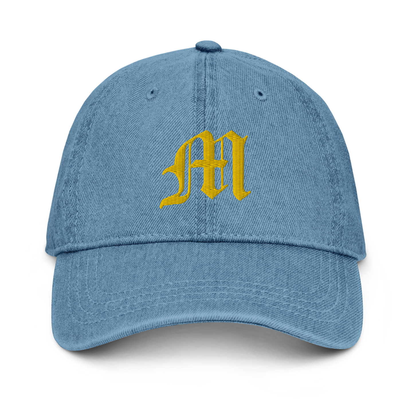 Michigan Old English 'M' Denim Baseball Cap (w/ 'Michigan' Back Design) | Gold Embroidery