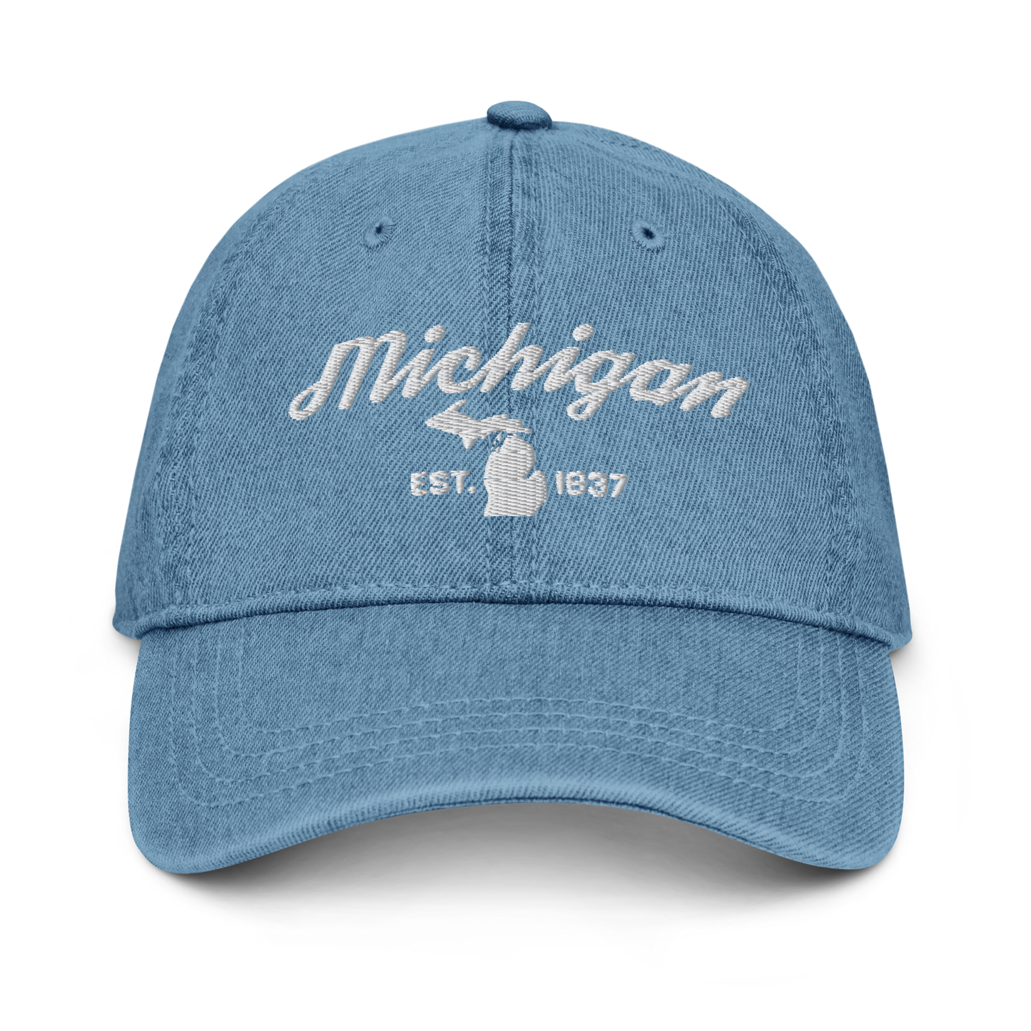 'Michigan EST 1837' Denim Baseball Cap (Script Font) | White/Navy Embroidery