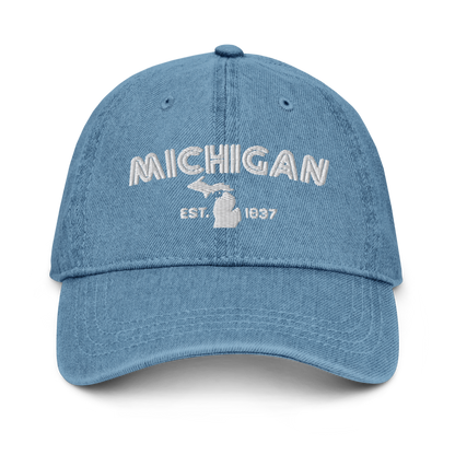 'Michigan EST 1837' Denim Baseball Cap (Metalpress Font) | White/Navy Embroidery