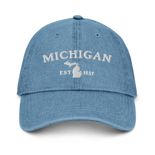 'Michigan EST 1837' Denim Baseball Cap (Woodcut Font) | White/Navy Embroidery