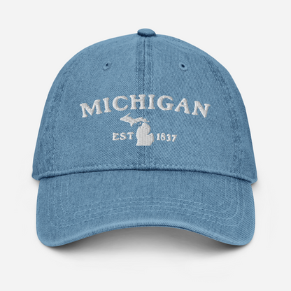 'Michigan EST 1837' Denim Baseball Cap (Woodcut Font) | White/Navy Embroidery