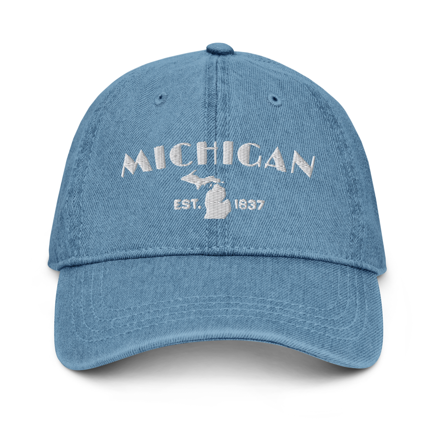 'Michigan EST 1837' Denim Baseball Cap (Theatrical Art Deco Font) | White/Navy Embroidery