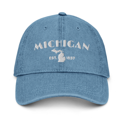 'Michigan EST 1837' Denim Baseball Cap (Theatrical Art Deco Font) | White/Navy Embroidery