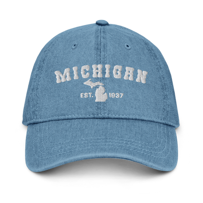 'Michigan EST 1837' Denim Baseball Cap (Western Font) | White/Navy Embroidery