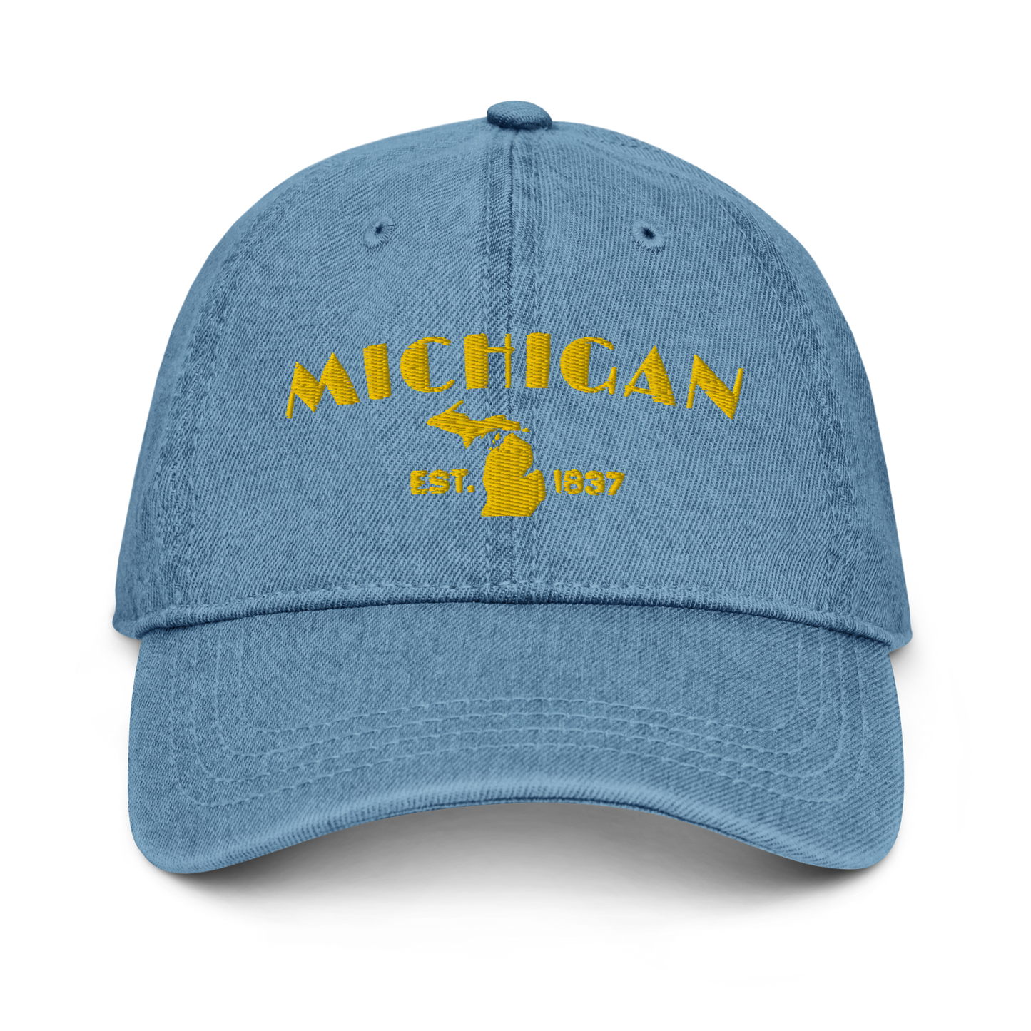 'Michigan EST 1837' Denim Baseball Cap (Theatrical Art Deco Font) | Gold Embroidery