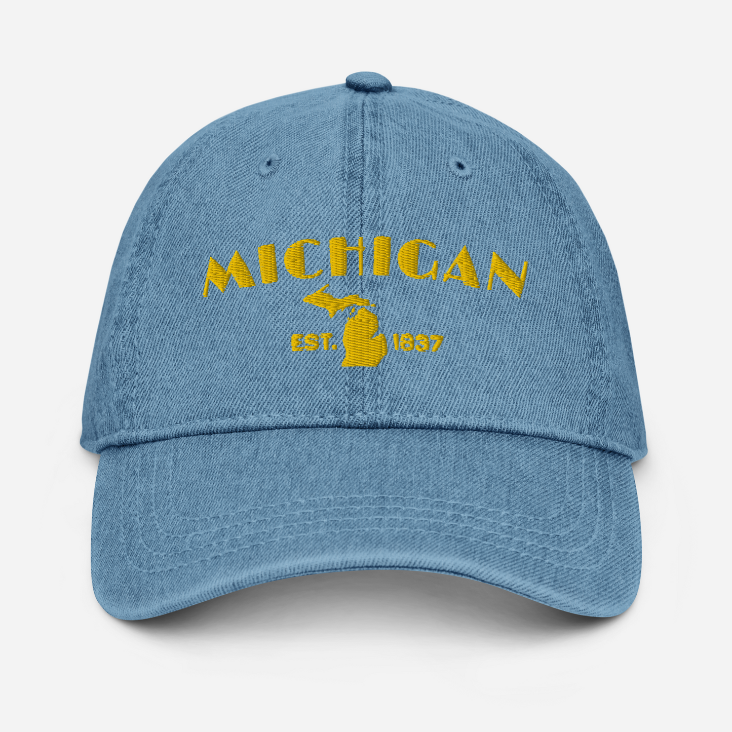 'Michigan EST 1837' Denim Baseball Cap (Theatrical Art Deco Font) | Gold Embroidery