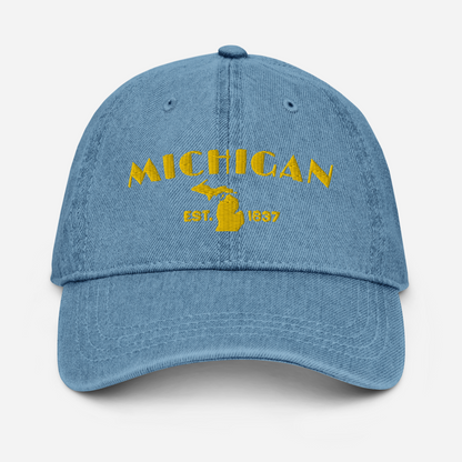 'Michigan EST 1837' Denim Baseball Cap (Theatrical Art Deco Font) | Gold Embroidery