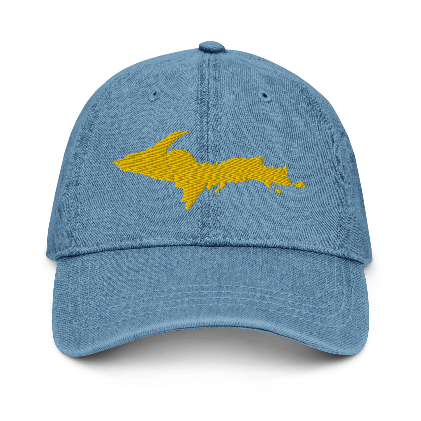 Michigan Upper Peninsula Denim Baseball Cap (w/ Gold Outline)