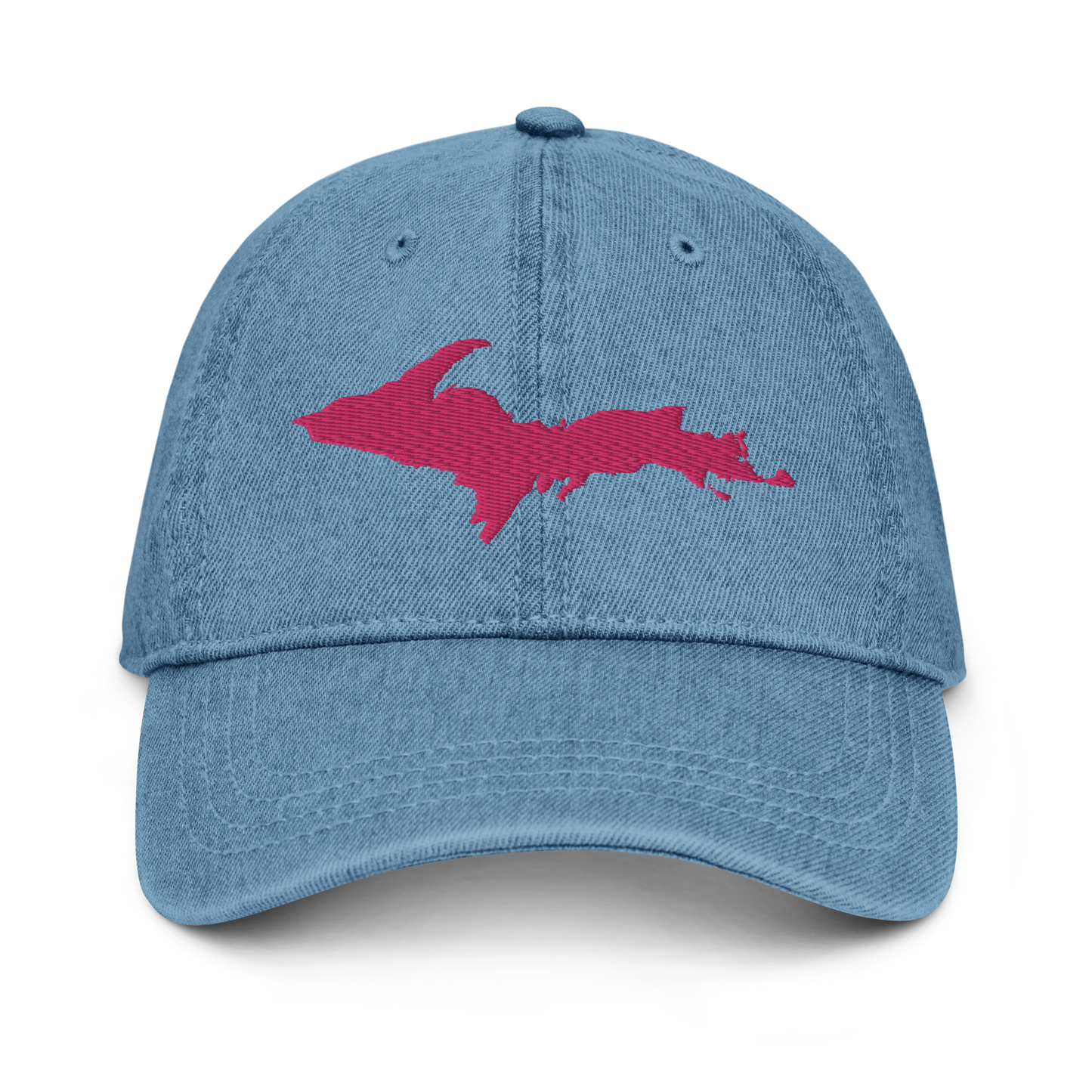 Michigan Upper Peninsula Denim Baseball Hat (w/ Pink UP Outline)