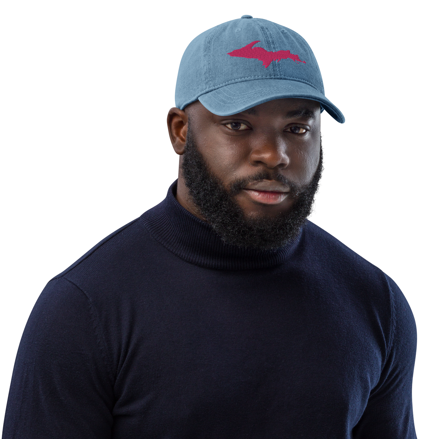 Michigan Upper Peninsula Denim Baseball Hat (w/ Pink UP Outline)