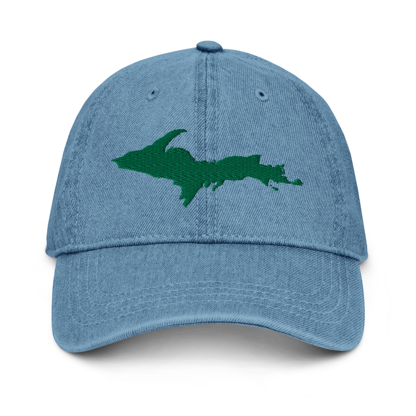 Michigan Upper Peninsula Denim Baseball Cap (w/ Green UP Outline)