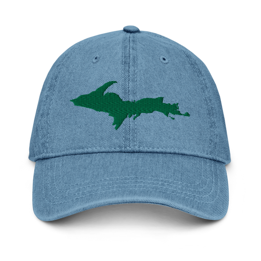 Michigan Upper Peninsula Denim Baseball Cap (w/ Green UP Outline)