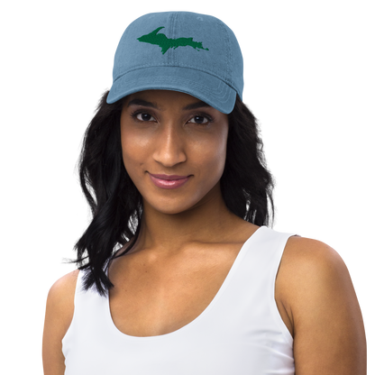 Michigan Upper Peninsula Denim Baseball Cap (w/ Green UP Outline)