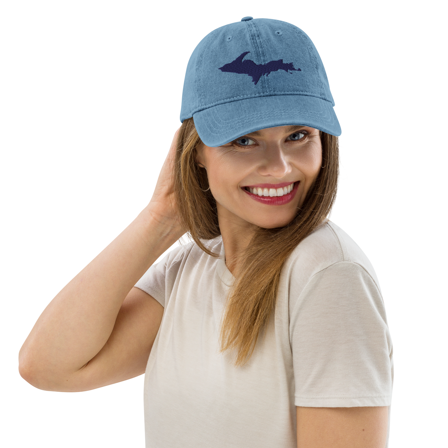 Michigan Upper Peninsula Denim Baseball Hat (w/ UP Outline)