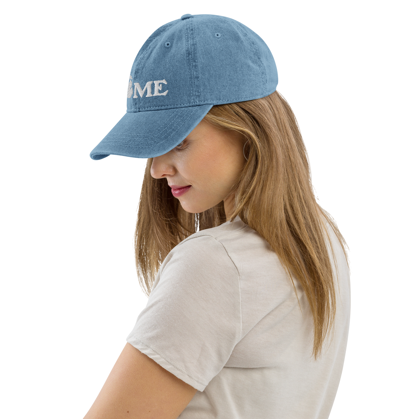 Michigan 'Home' Denim Baseball Cap (Woodcut Font) | White/Navy Embroidery