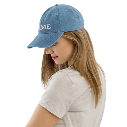 Michigan 'Home' Denim Baseball Cap (Woodcut Font) | White/Navy Embroidery