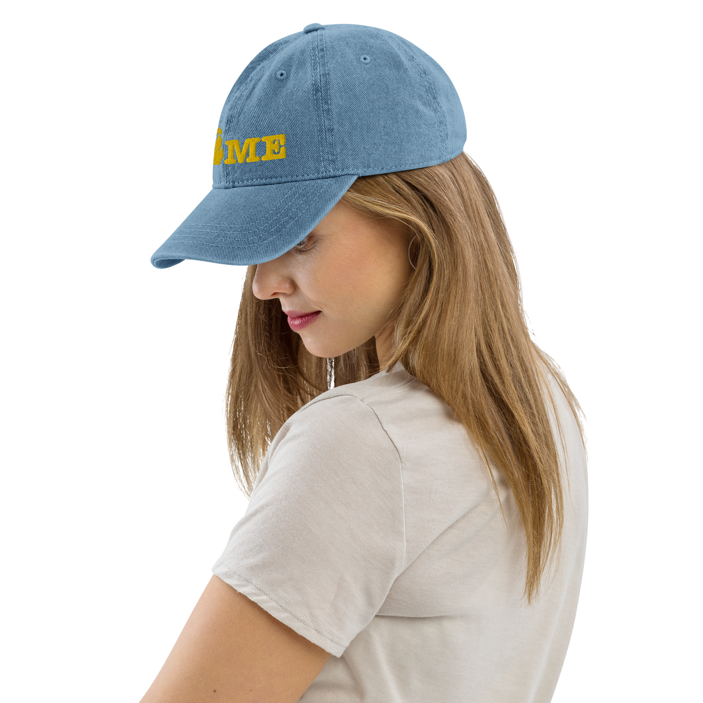 Michigan 'Home' Denim Baseball Cap (Typewriter Font) | Gold Embroidery