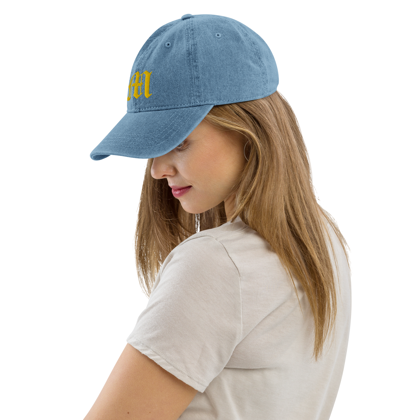 Michigan Old English 'M' Denim Baseball Cap (w/ 'Michigan' Back Design) | Gold Embroidery