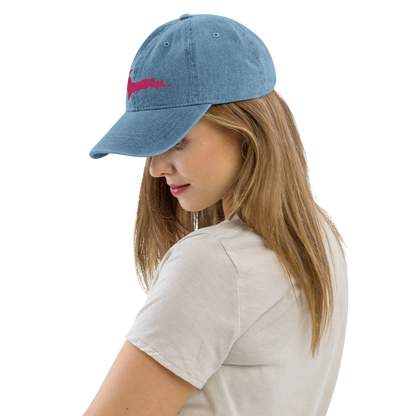 Michigan Upper Peninsula Denim Baseball Hat (w/ Pink UP Outline)