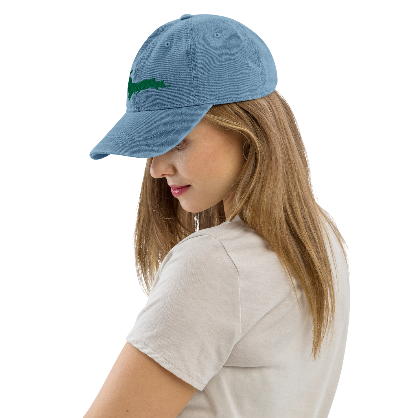 Michigan Upper Peninsula Denim Baseball Cap (w/ Green UP Outline)