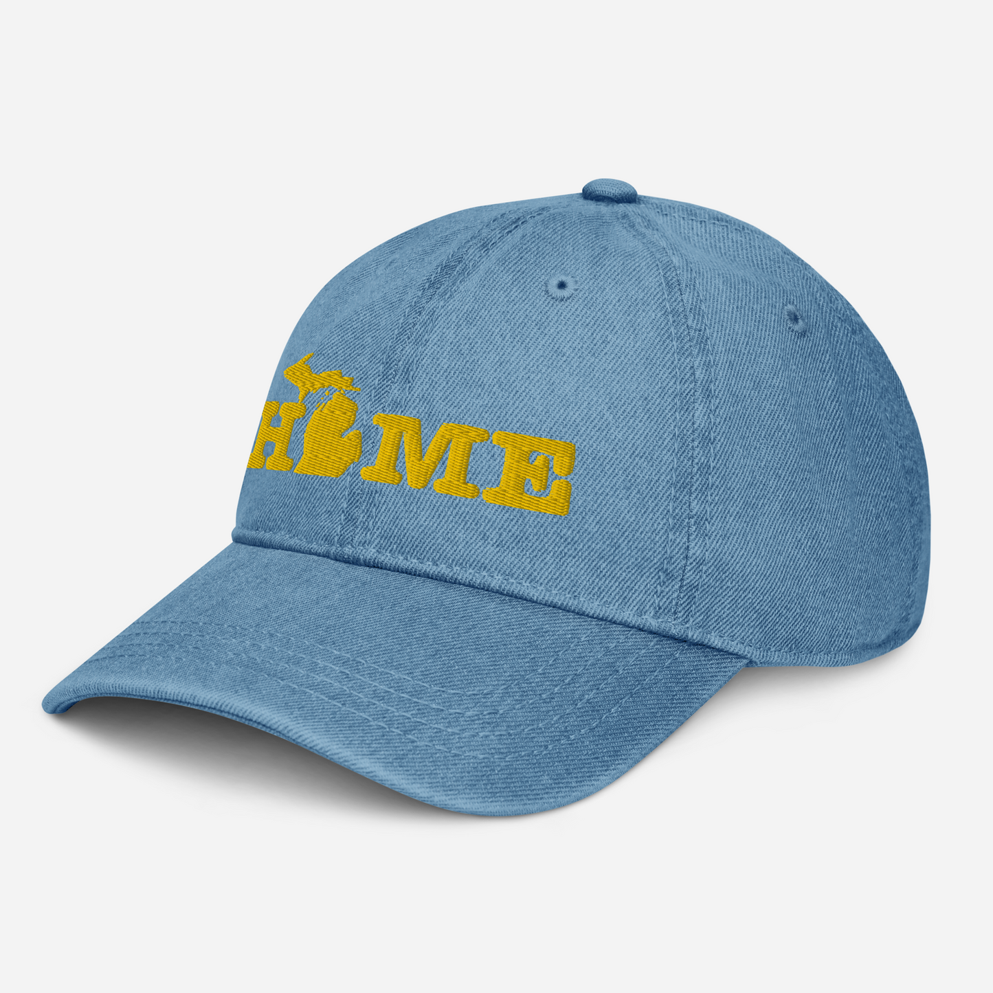 Michigan 'Home' Denim Baseball Cap (Typewriter Font) | Gold Embroidery