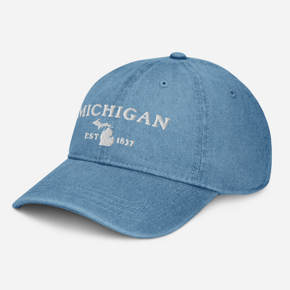 'Michigan EST 1837' Denim Baseball Cap (Woodcut Font) | White/Navy Embroidery