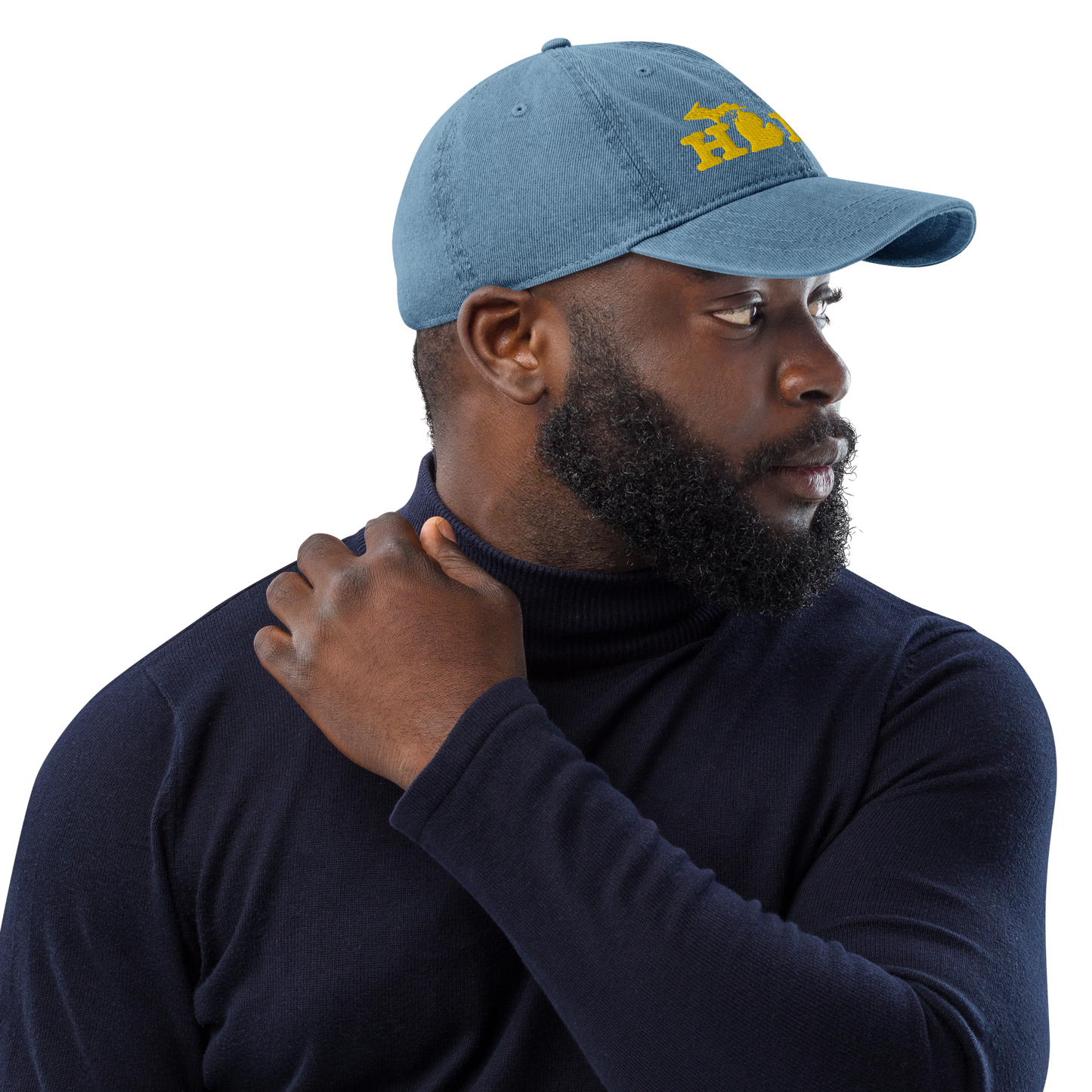 Michigan 'Home' Denim Baseball Cap (Typewriter Font) | Gold Embroidery