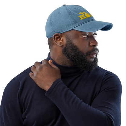 Michigan 'Home' Denim Baseball Cap (Typewriter Font) | Gold Embroidery