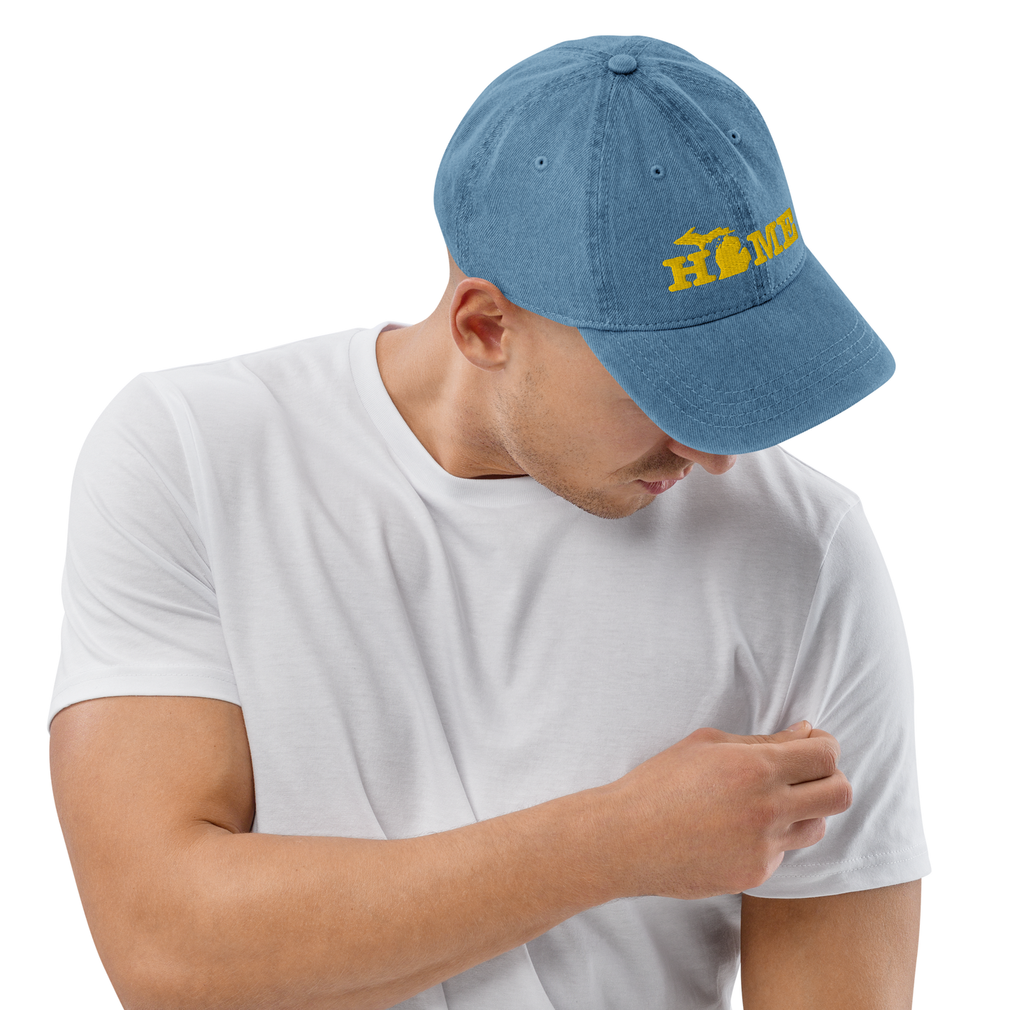 Michigan 'Home' Denim Baseball Cap (Typewriter Font) | Gold Embroidery