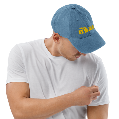 Michigan 'Home' Denim Baseball Cap (Typewriter Font) | Gold Embroidery