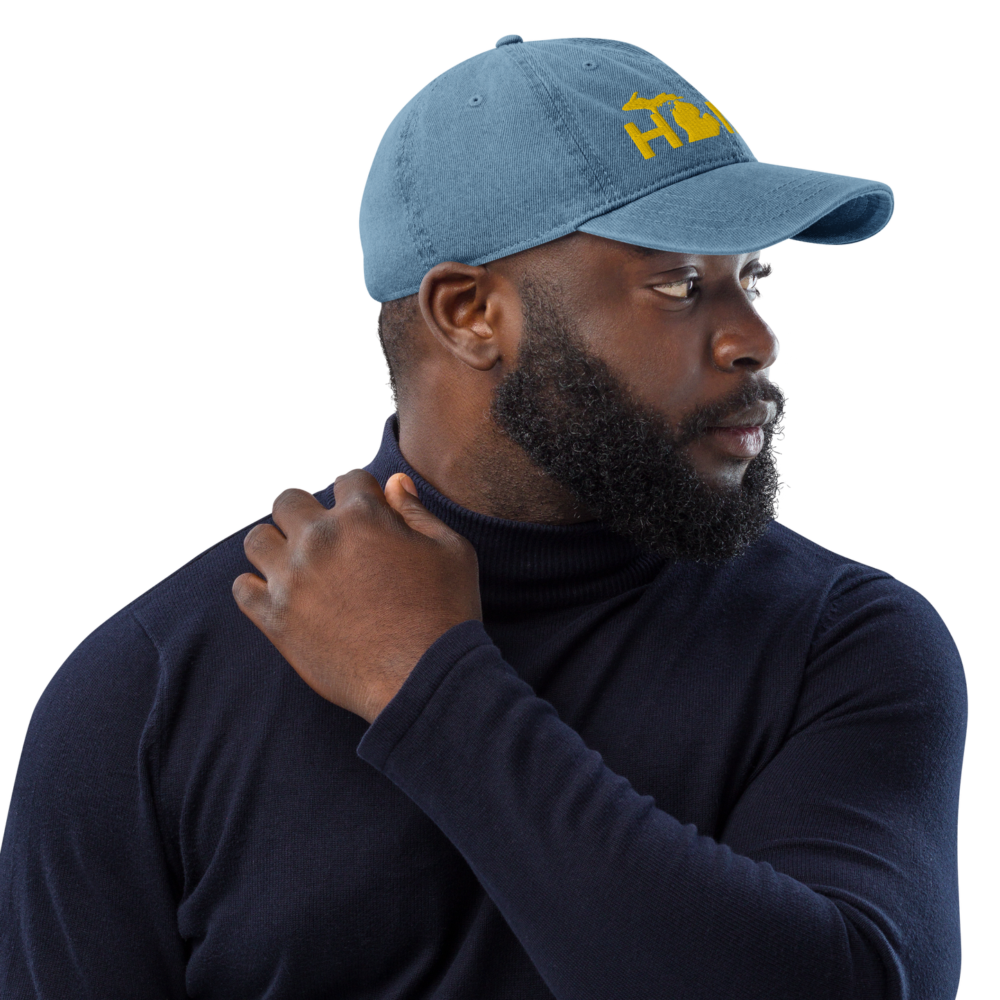 Michigan 'Home' Denim Baseball Cap (Geometric Sans Font) | Gold Embroidery