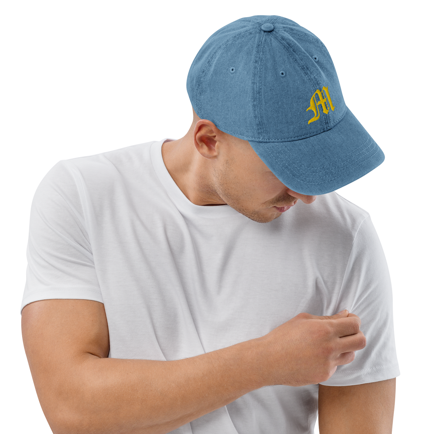 Michigan Old English 'M' Denim Baseball Cap (w/ 'Michigan' Back Design) | Gold Embroidery