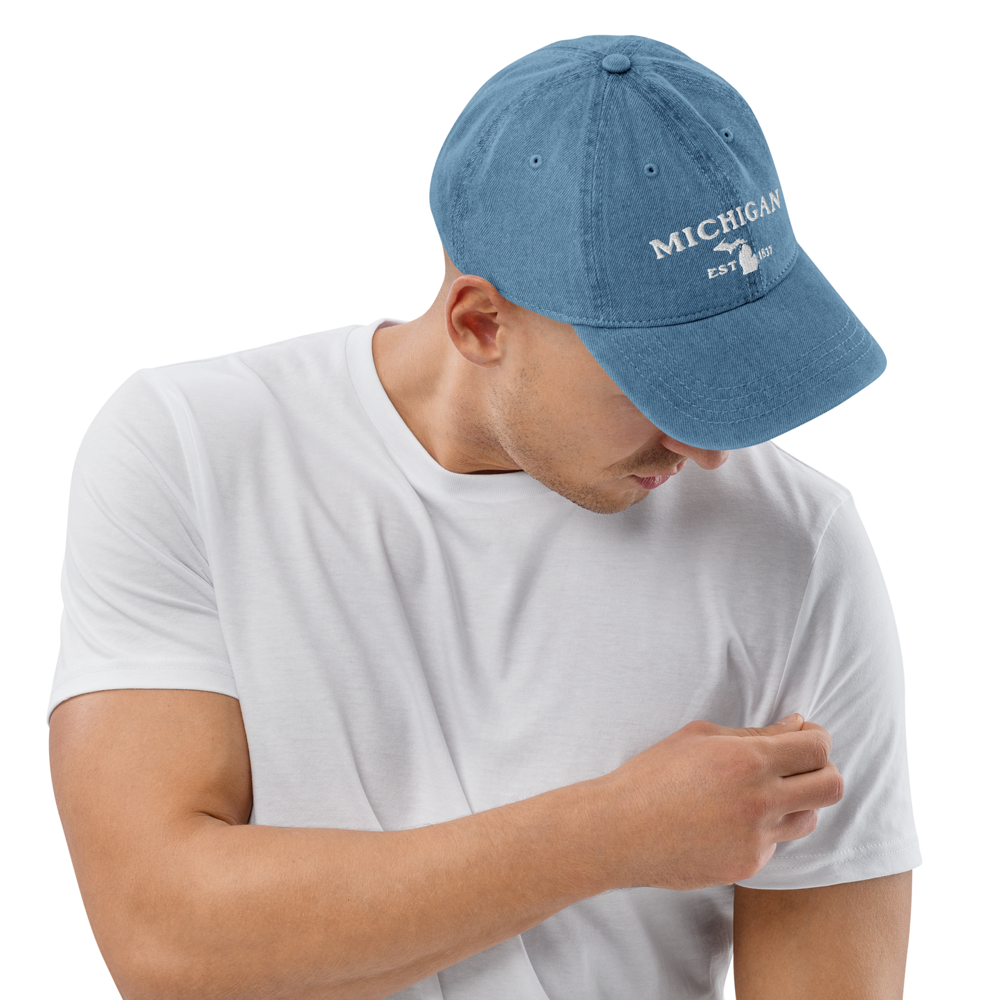 'Michigan EST 1837' Denim Baseball Cap (Woodcut Font) | White/Navy Embroidery