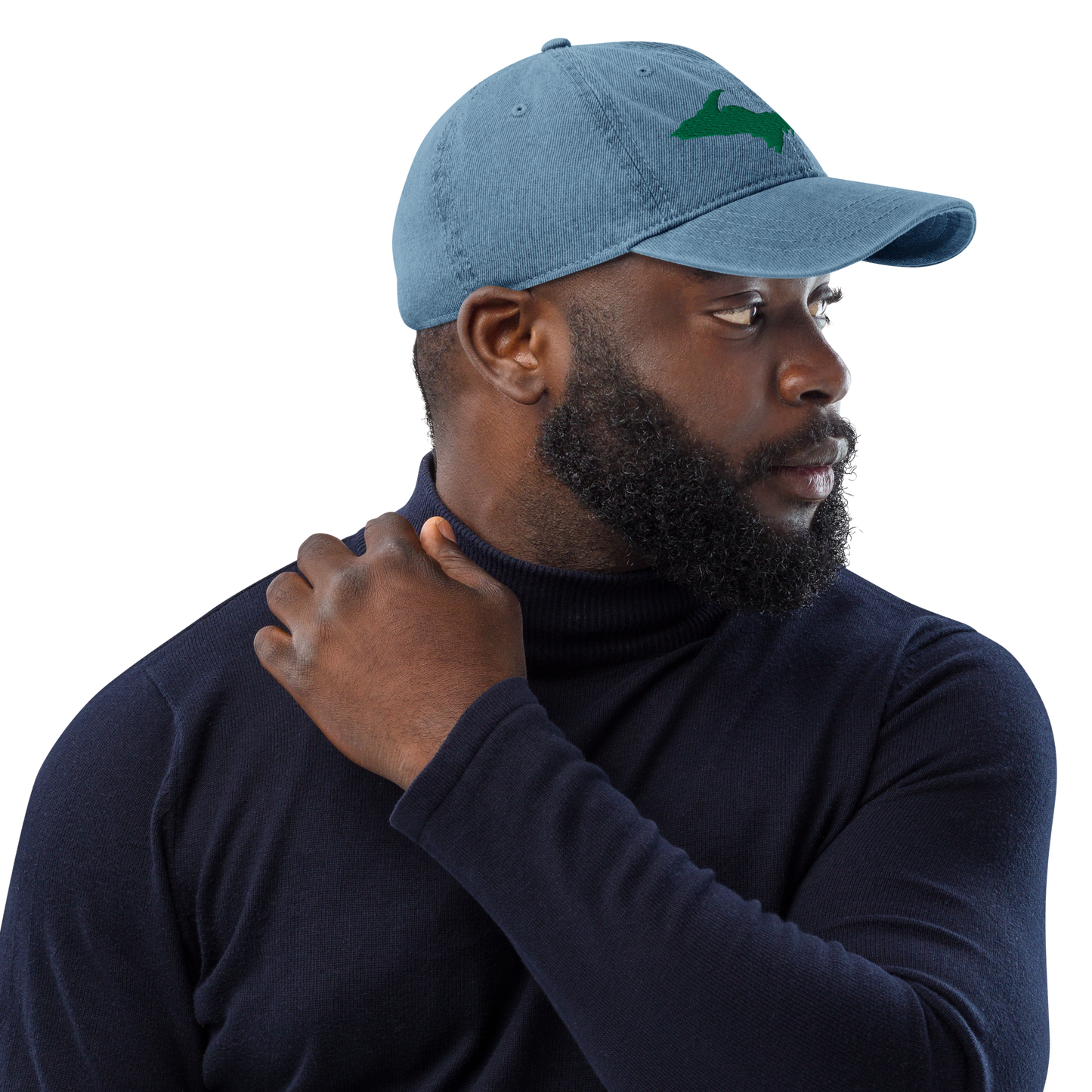 Michigan Upper Peninsula Denim Baseball Cap (w/ Green UP Outline)