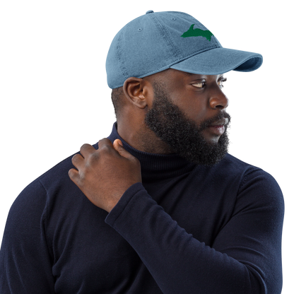 Michigan Upper Peninsula Denim Baseball Cap (w/ Green UP Outline)