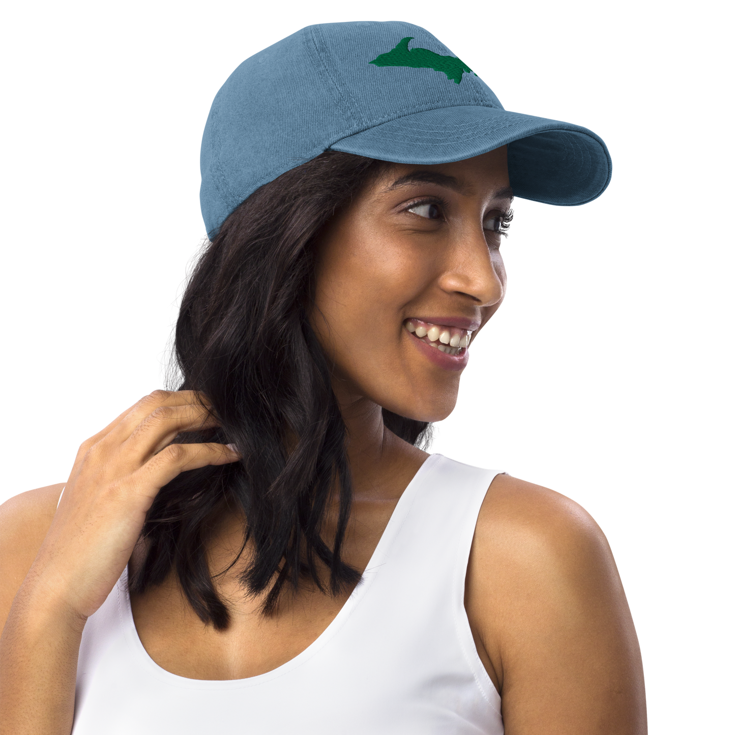 Michigan Upper Peninsula Denim Baseball Cap (w/ Green UP Outline)