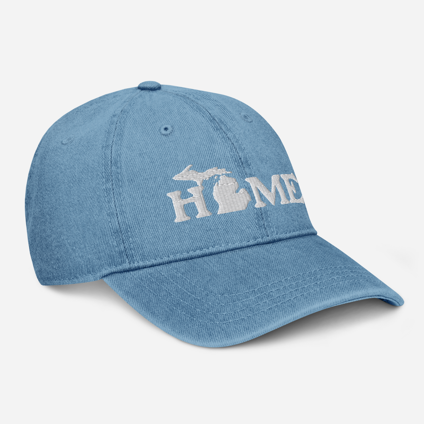 Michigan 'Home' Denim Baseball Cap (Woodcut Font) | White/Navy Embroidery